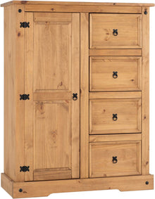 Corona 1 Door 4 Drawer Low Wardrobe - Distressed Waxed Pine