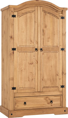 Corona 2 Door 1 Drawer Wardrobe - Distressed Waxed Pine