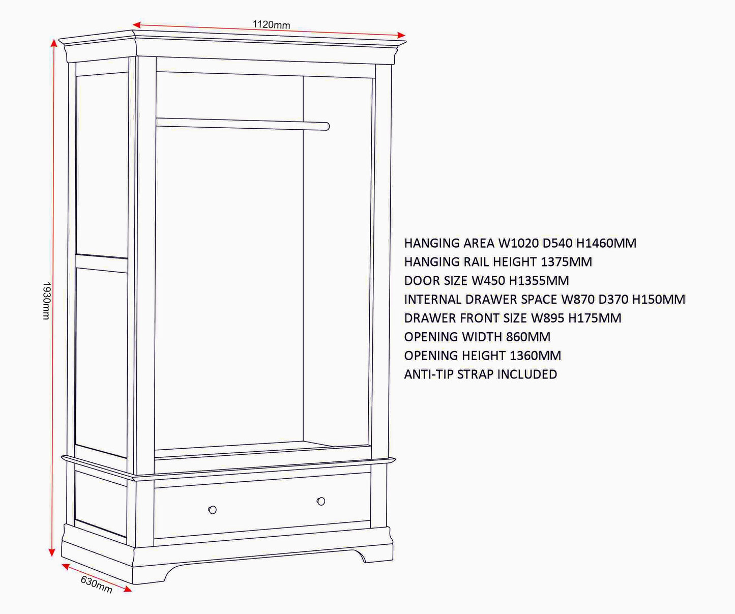 Bordeaux 2 Door Wardrobe - Pebble Grey