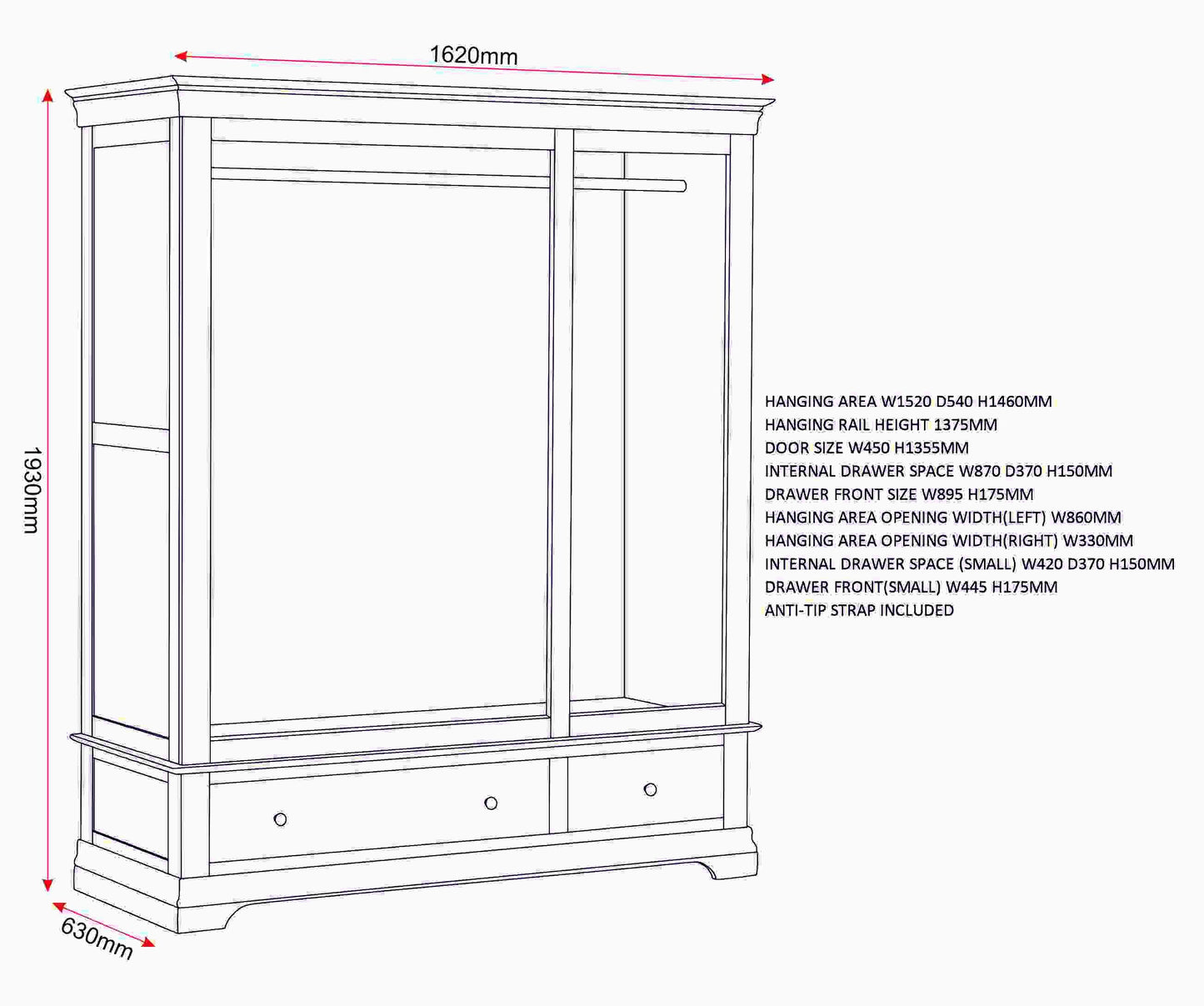 Bordeaux 3 Door Wardrobe - Ivory