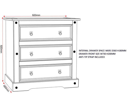 Corona 3 Drawer Chest - Distressed Waxed Pine