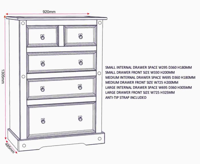 Corona 3+2 Drawer Chest - Distressed Waxed Pine