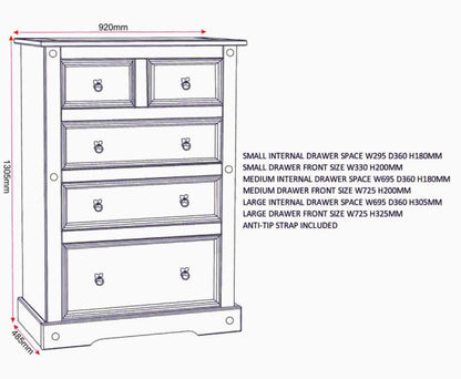 Corona 3+2 Drawer Chest - Distressed Waxed Pine