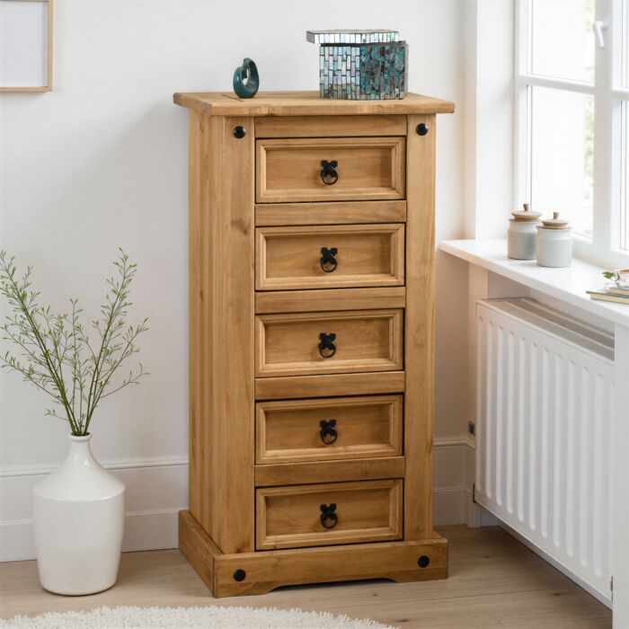 Corona 5 Drawer Narrow Chest - Distressed Waxed Pine