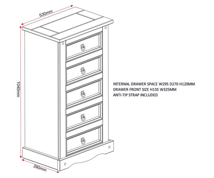 Corona 5 Drawer Narrow Chest - Distressed Waxed Pine