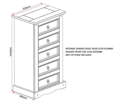 Corona 5 Drawer Narrow Chest - Distressed Waxed Pine