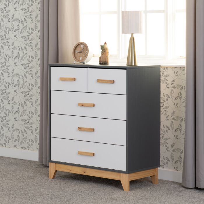 Cleveland 3+2 Drawer Chest - White/Grey Metal Effect