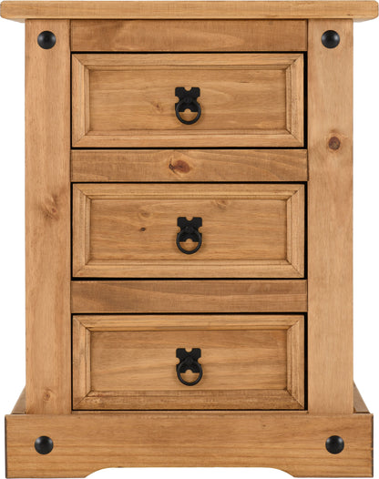 Corona 3 Drawer Bedside - Distressed Waxed Pine