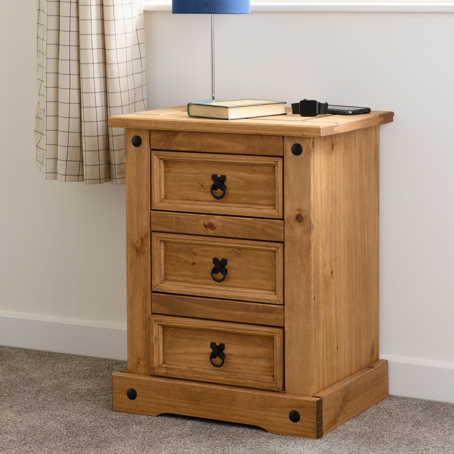 Corona 3 Drawer Bedside - Distressed Waxed Pine