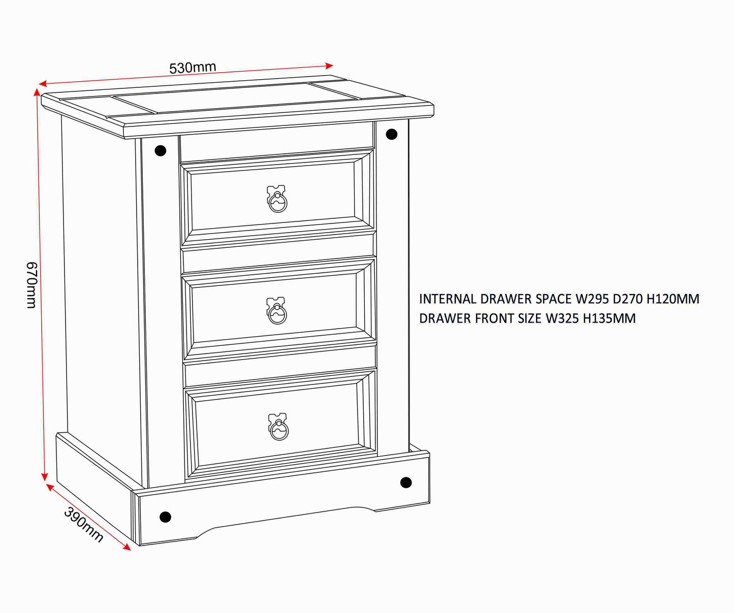 Corona 3 Drawer Bedside - Distressed Waxed Pine
