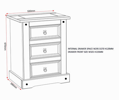 Corona 3 Drawer Bedside - Distressed Waxed Pine