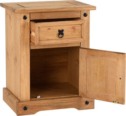 Corona 1 Drawer 1 Door Bedside - Distressed Waxed Pine
