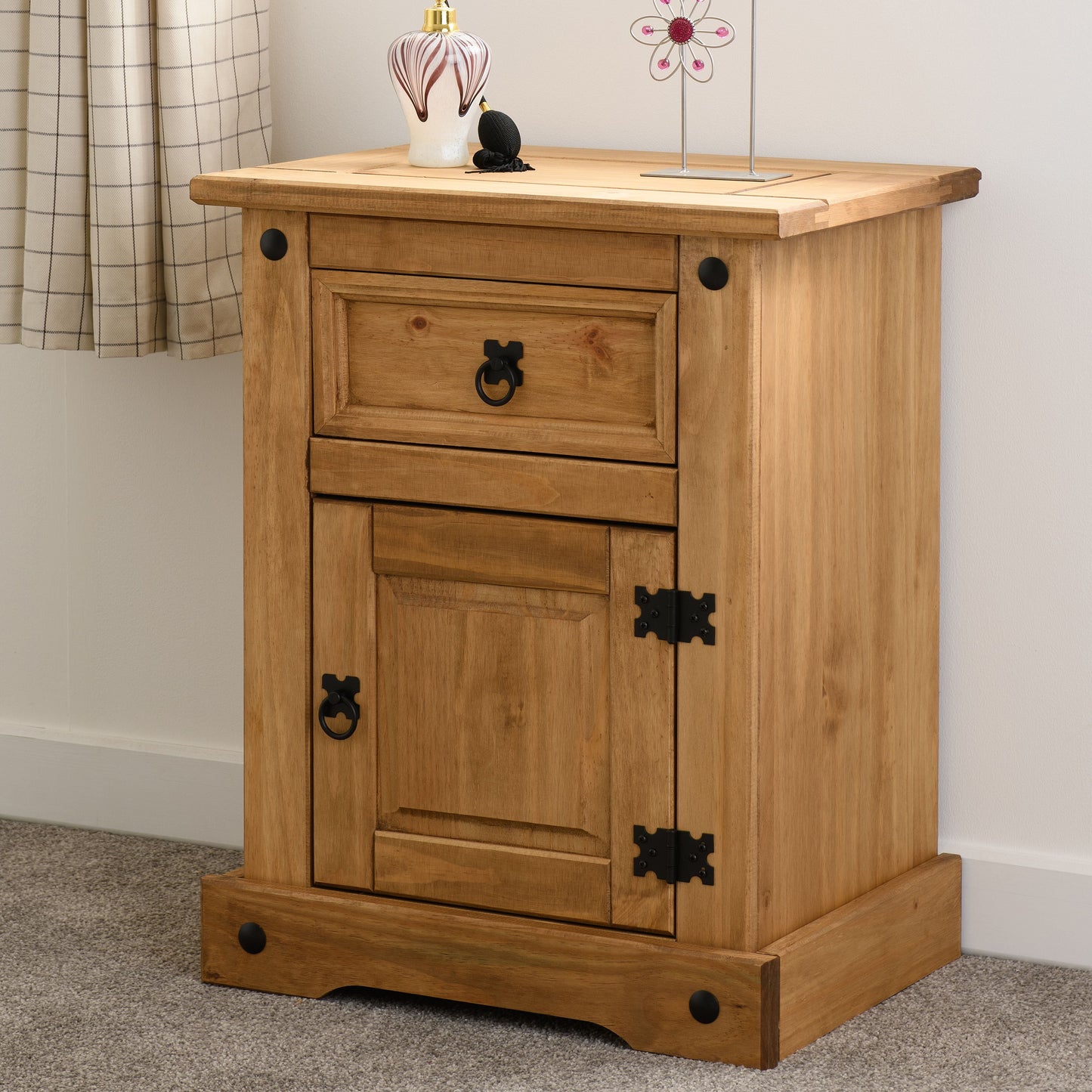 Corona 1 Drawer 1 Door Bedside - Distressed Waxed Pine
