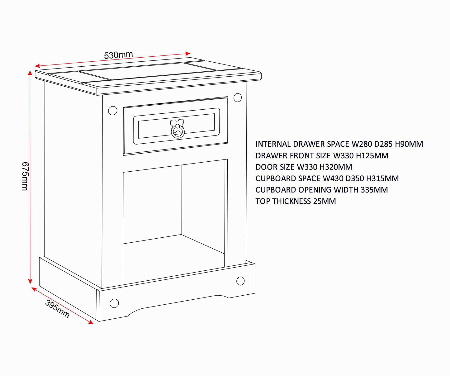 Corona 1 Drawer 1 Door Bedside - Distressed Waxed Pine
