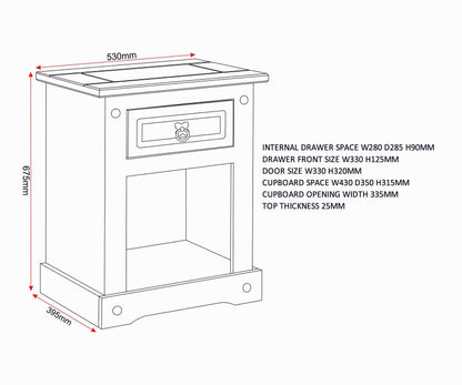 Corona 1 Drawer 1 Door Bedside - Distressed Waxed Pine