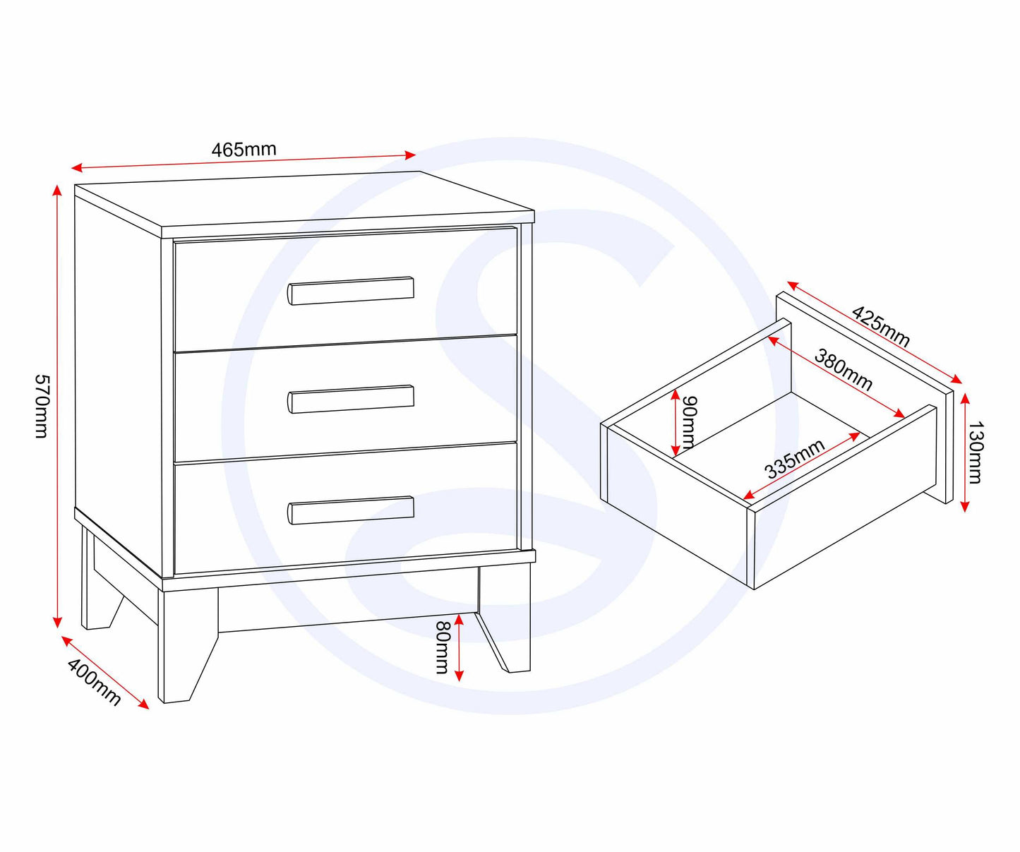 Cleveland 3 Drawer Bedside - White/Grey Metal Effect