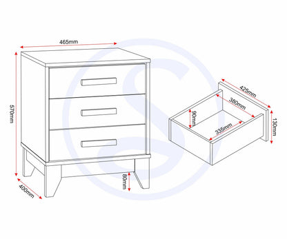 Cleveland 3 Drawer Bedside - White/Grey Metal Effect