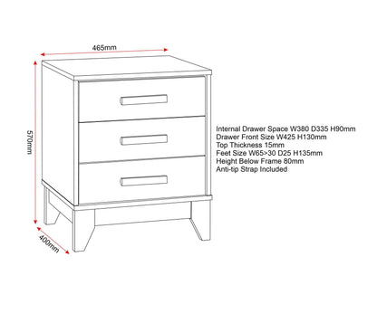 Cleveland 3 Drawer Bedside - White/Grey Metal Effect