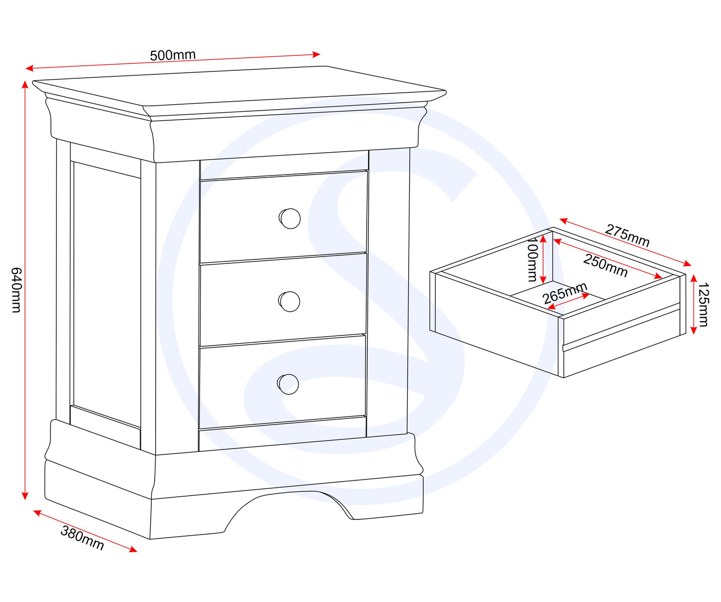 Bordeaux 3 Drawer Bedside - Pebble Grey