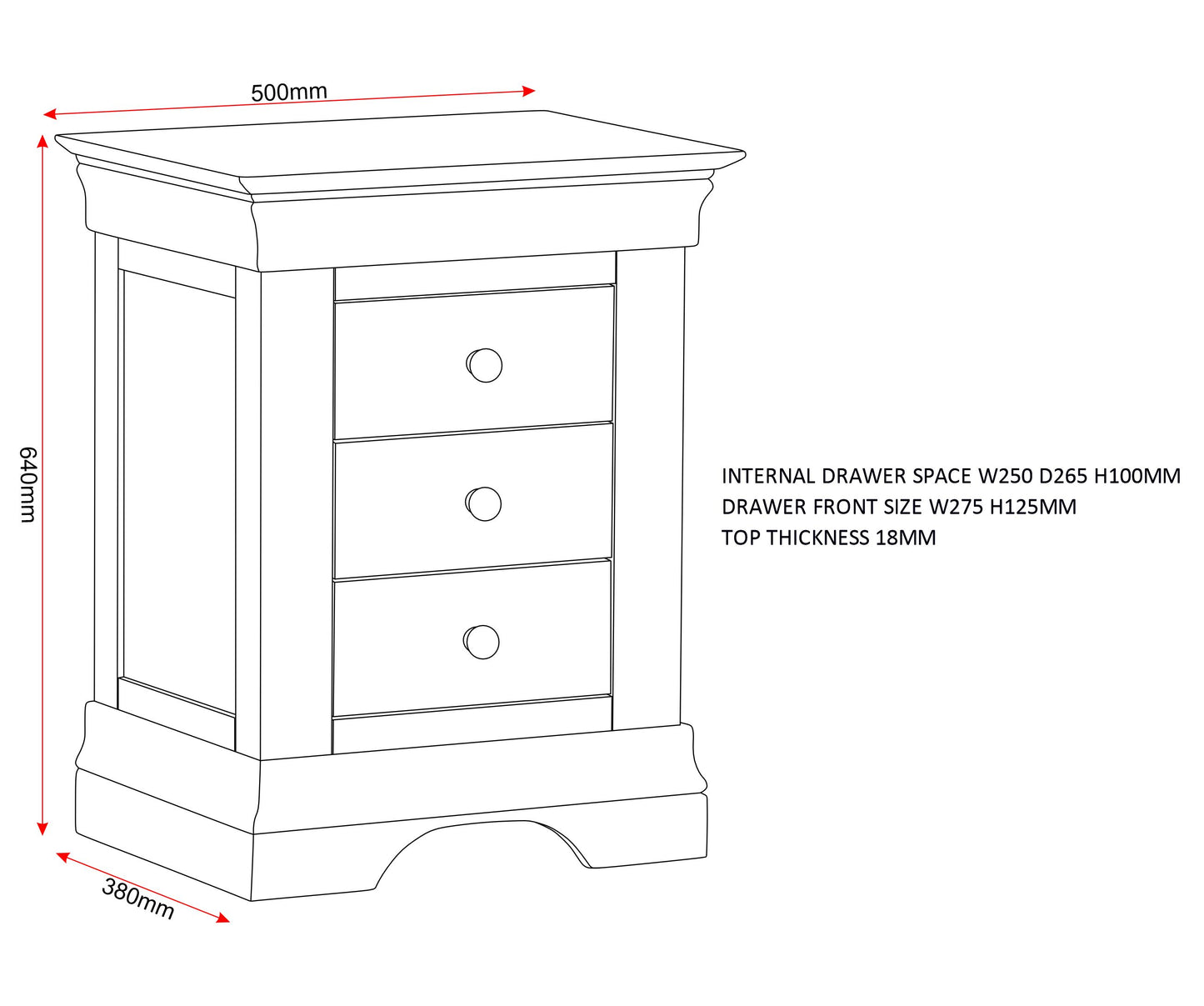 Bordeaux 3 Drawer Bedside - Pebble Grey