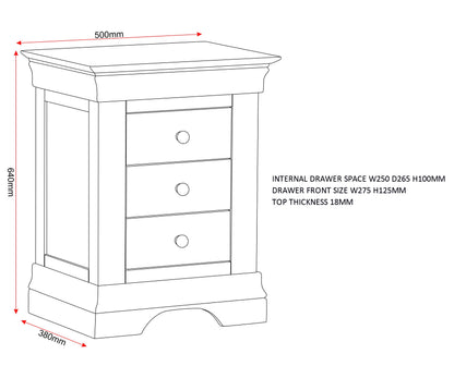 Bordeaux 3 Drawer Bedside - Pebble Grey