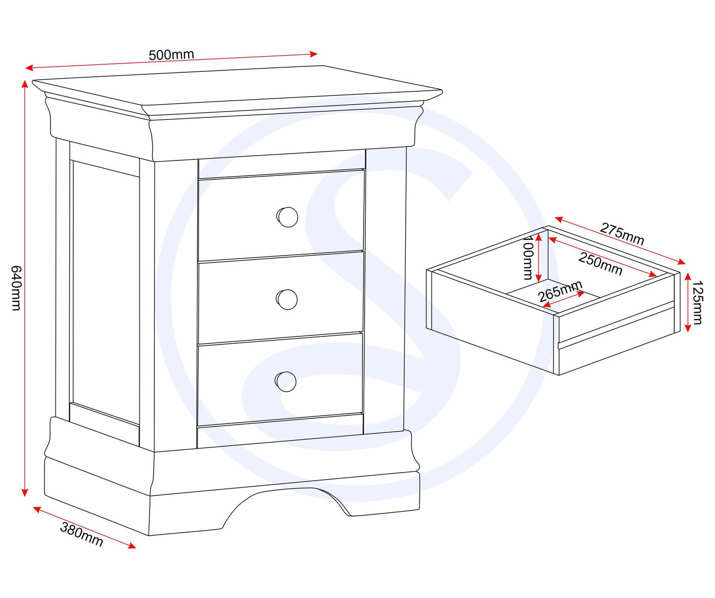 Bordeaux 3 Drawer Bedside - Ivory