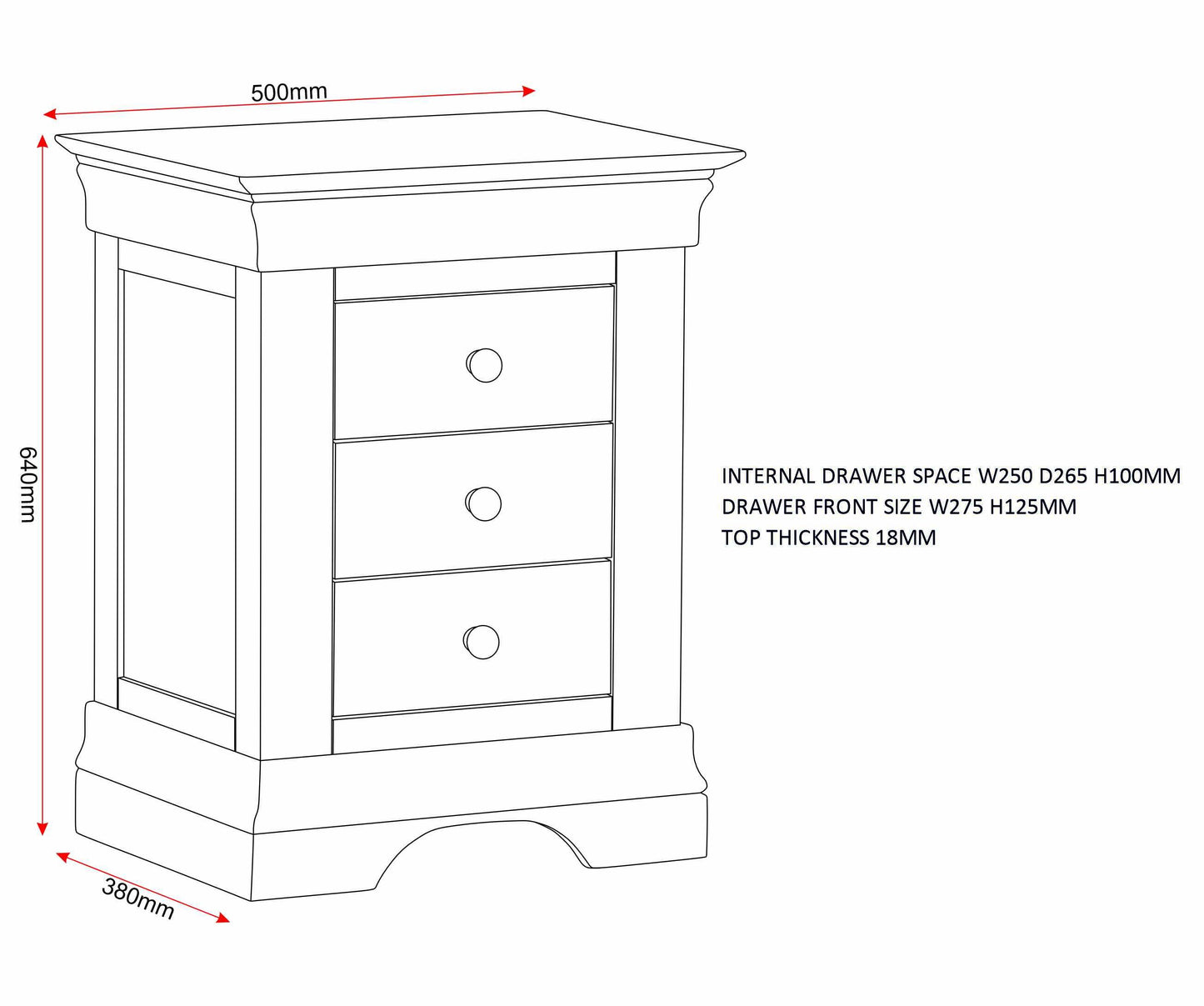 Bordeaux 3 Drawer Bedside - Ivory