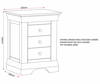 Bordeaux 3 Drawer Bedside - Ivory