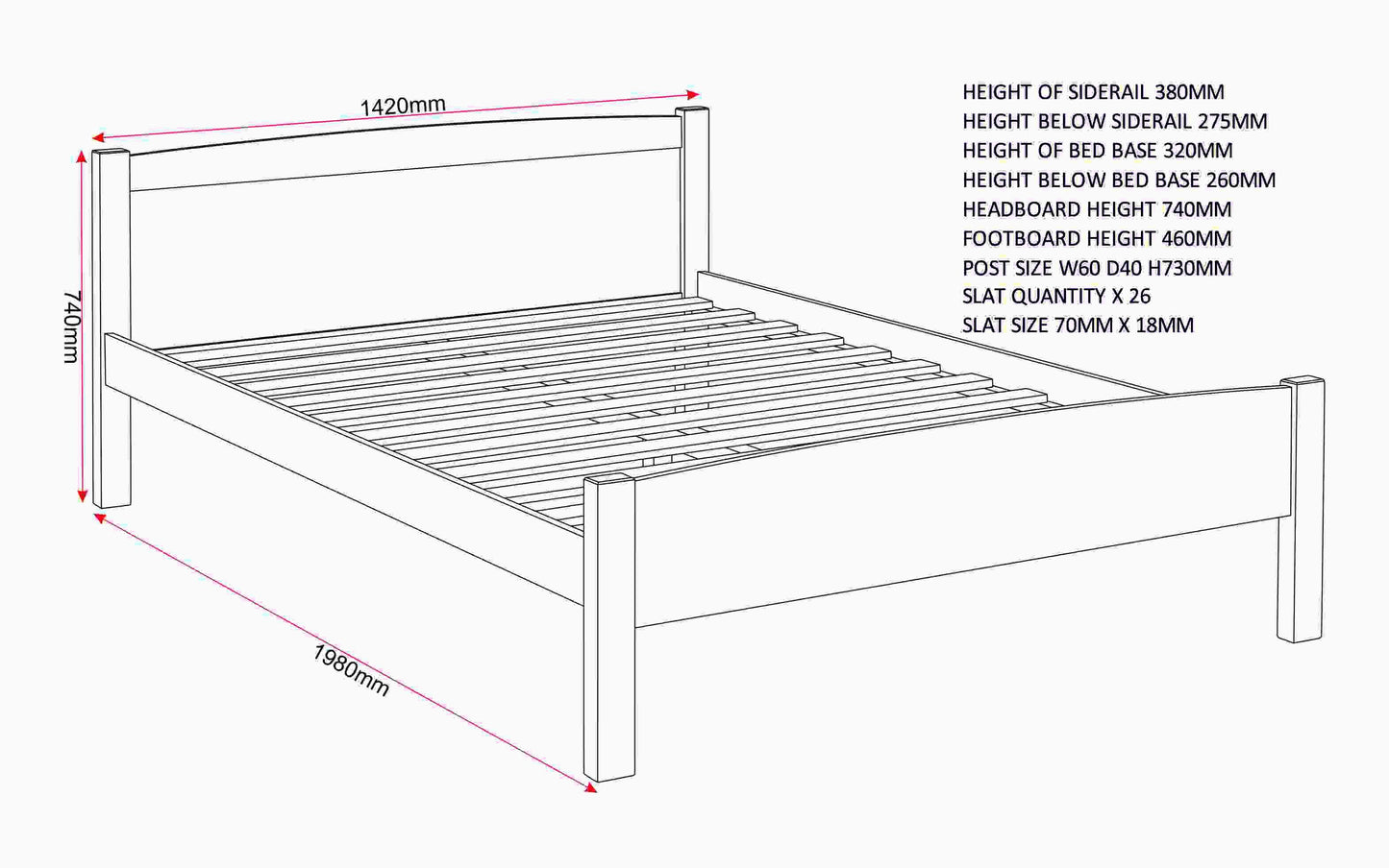 Amber 4'6" Double Bed - White