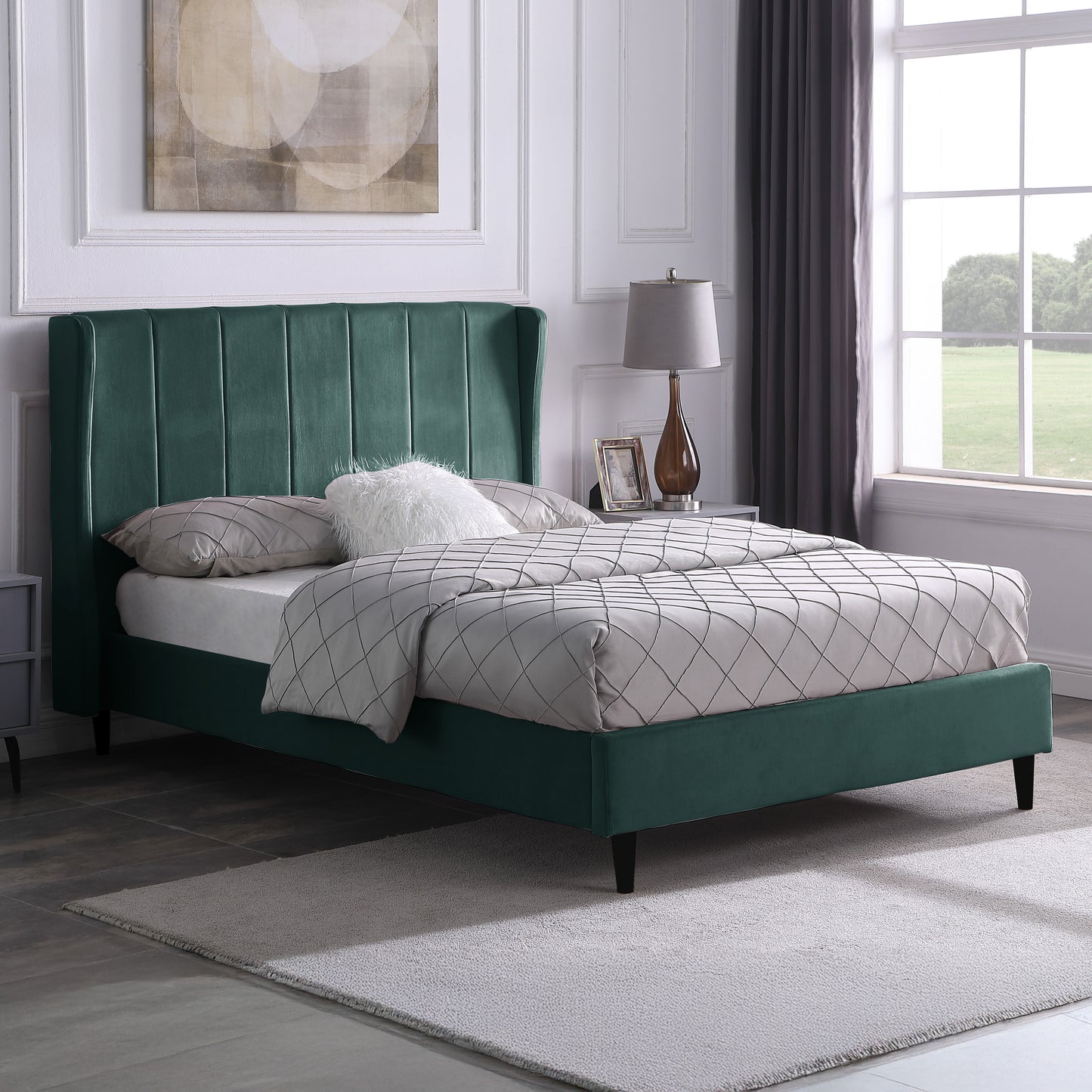 Amelia 4'6" Double Bed - Green Velvet Fabric