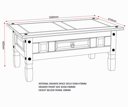 Corona 1 Drawer Coffee Table - Distressed Waxed Pine