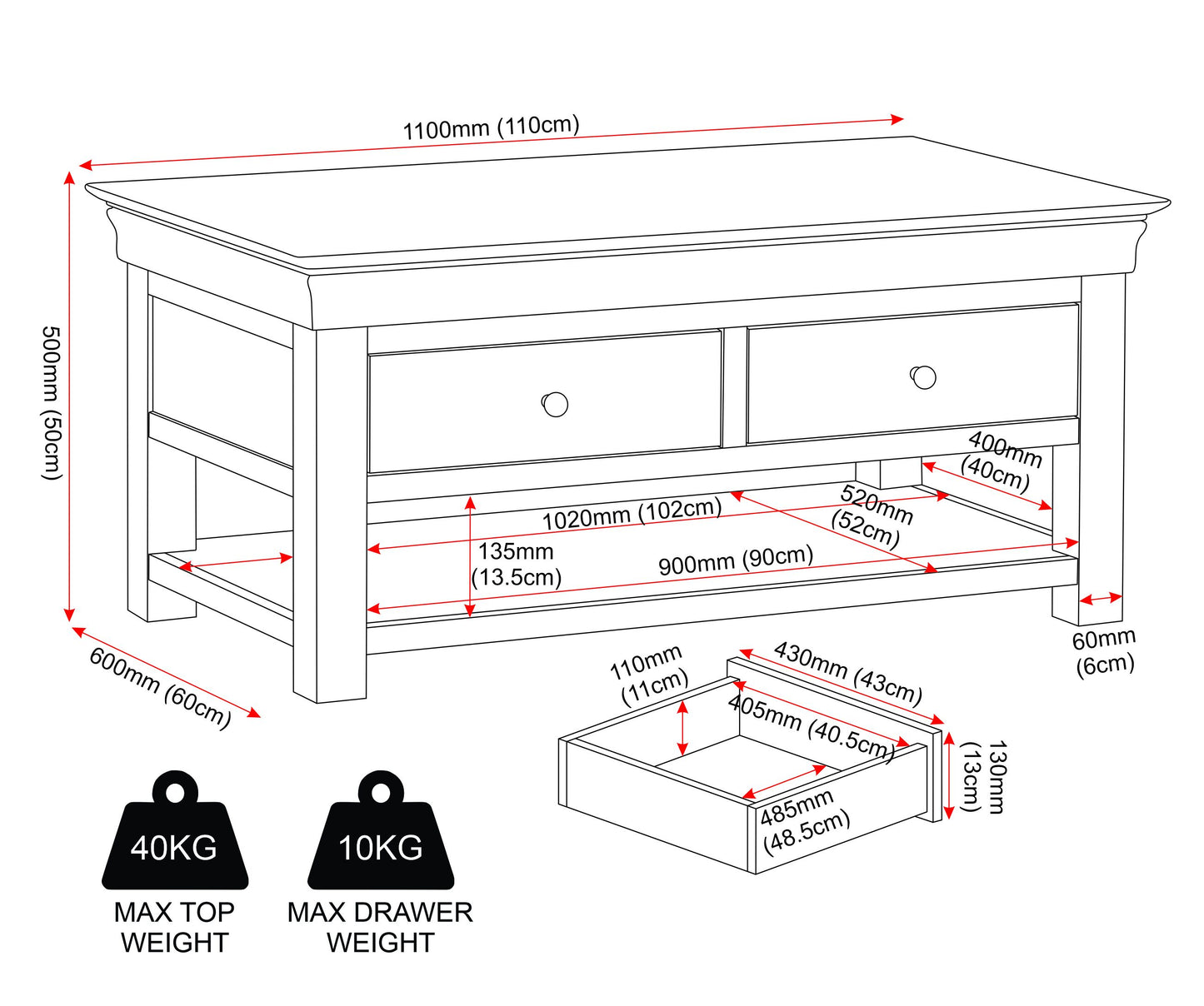 Bordeaux 2 Drawer Coffee Table - Pebble Grey/Oak