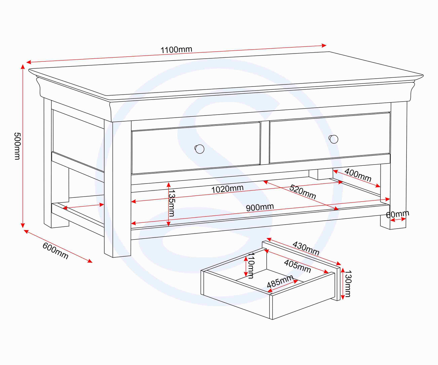 Bordeaux 2 Drawer Coffee Table - Ivory/Oak