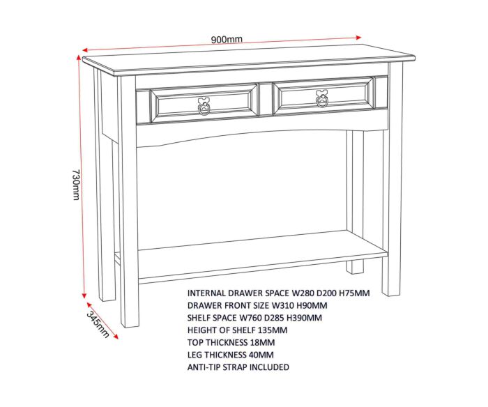 Corona 2 Drawer Console Table With Shelf - Distressed Waxed Pine