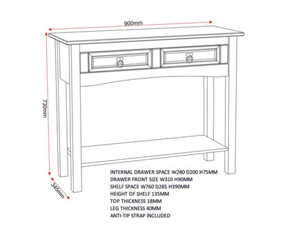 Corona 2 Drawer Console Table With Shelf - Distressed Waxed Pine