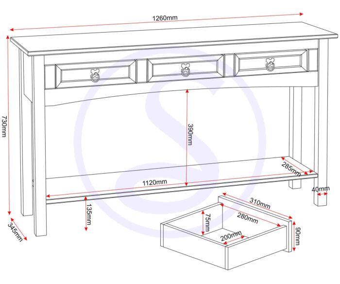 Corona 3 Drawer Console Table With Shelf - Distressed Waxed Pine