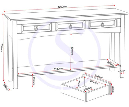 Corona 3 Drawer Console Table With Shelf - Distressed Waxed Pine