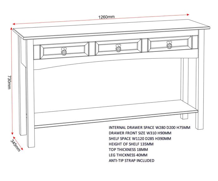Corona 3 Drawer Console Table With Shelf - Distressed Waxed Pine