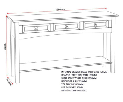 Corona 3 Drawer Console Table With Shelf - Distressed Waxed Pine