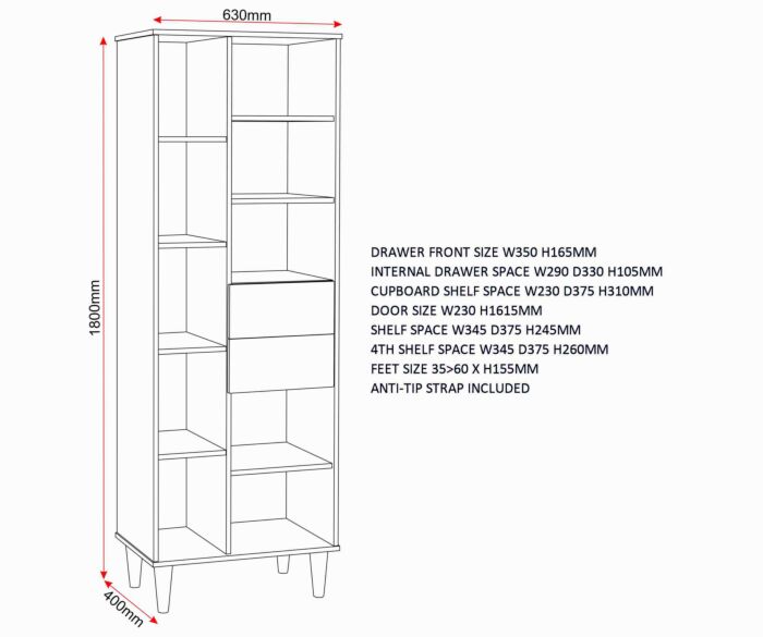 Tessa 1 Door 2 Drawer Bookcase Unit - Natural Oak Effect