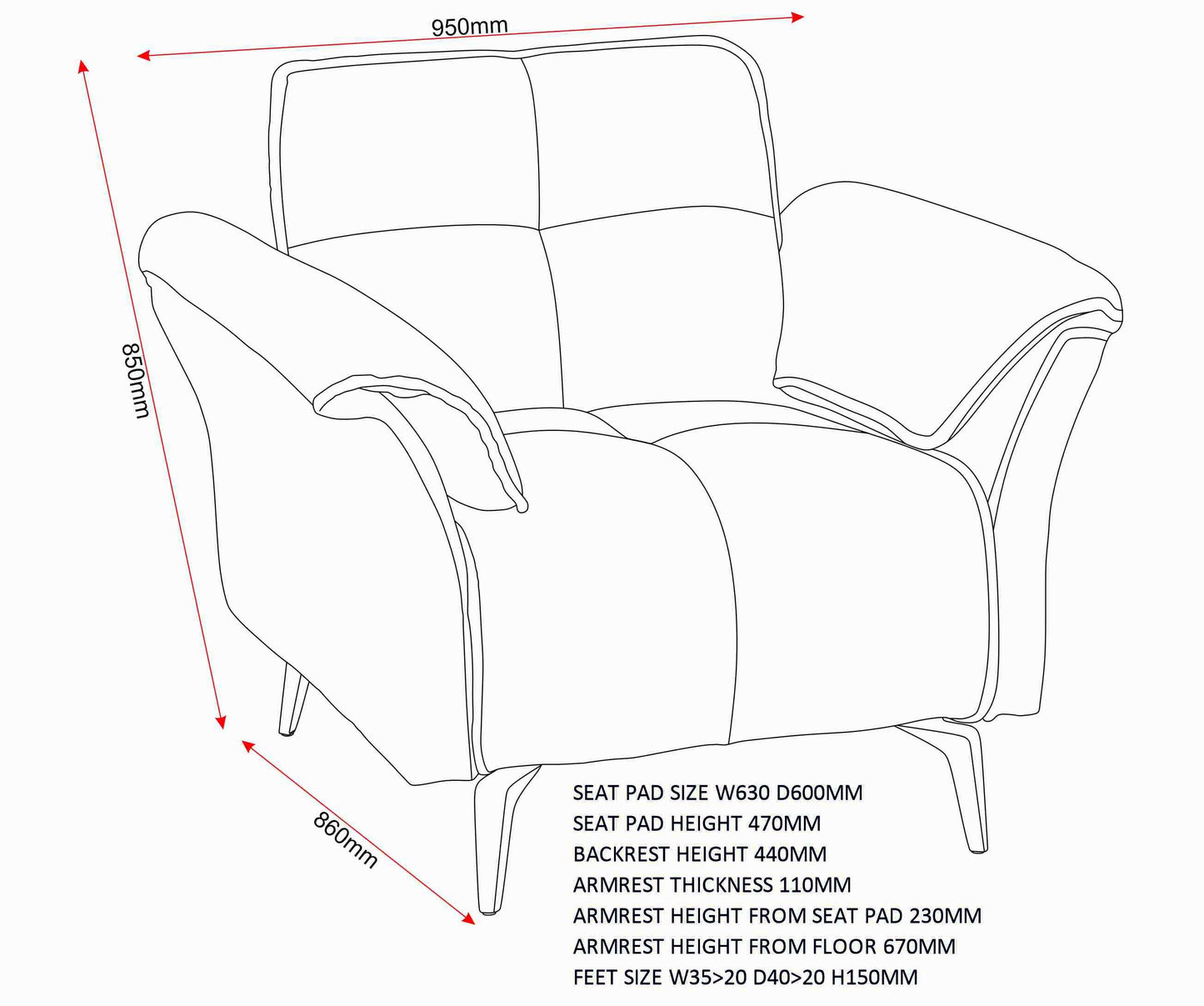 Amalfi 1 Seater Chair - Grey Fabric