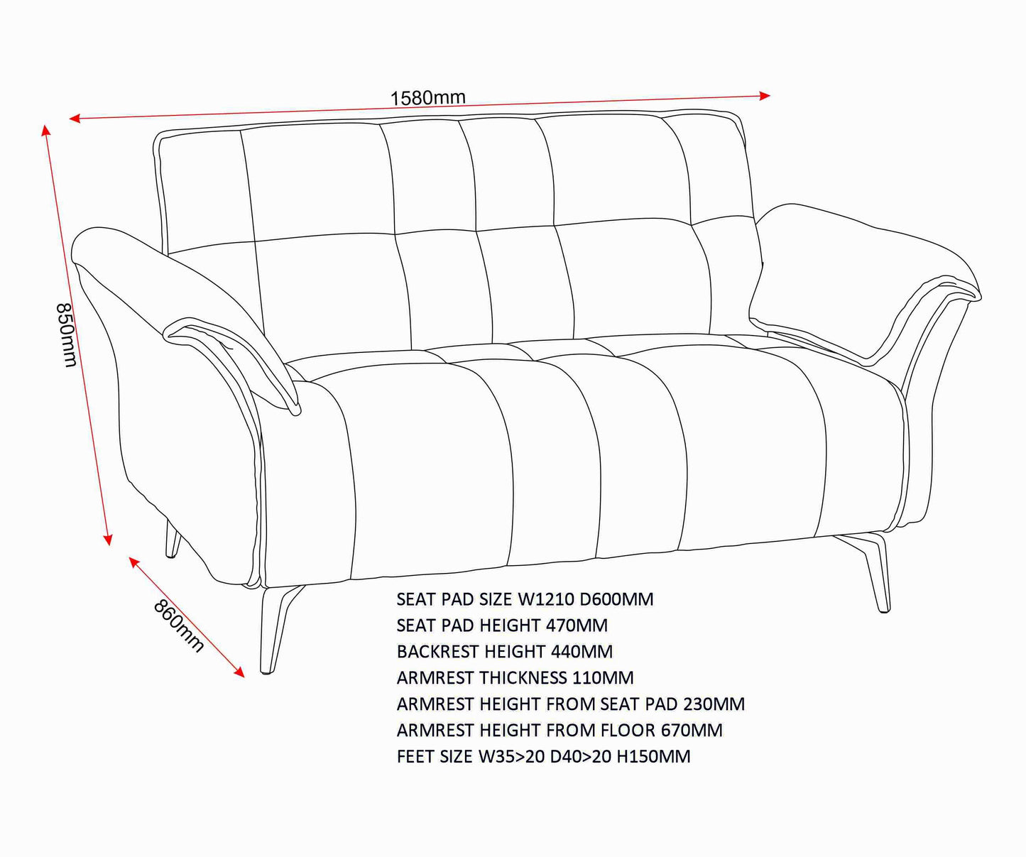 Amalfi 2 Seater Sofa - Grey Fabric