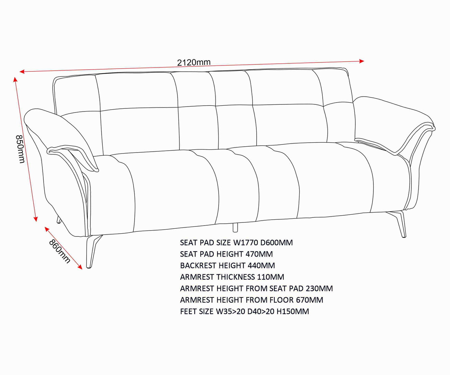 Amalfi 3 Seater Sofa - Grey Fabric