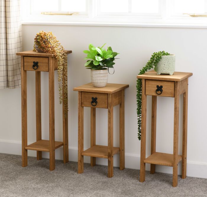 Corona 3 Plant Stands - Distressed Waxed Pine