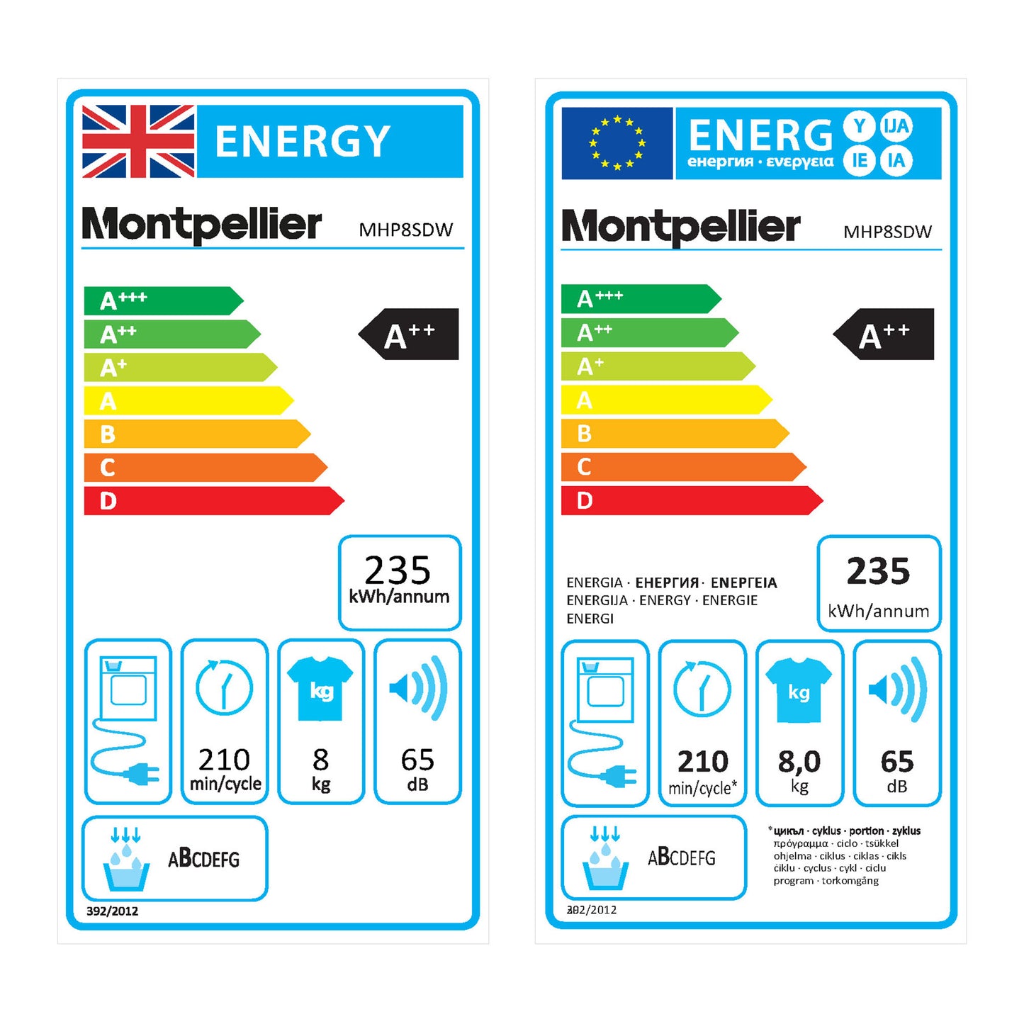 Montpellier MHP8SDW 8Kg Heat Pump Sensor Dry Tumble Dryer in White