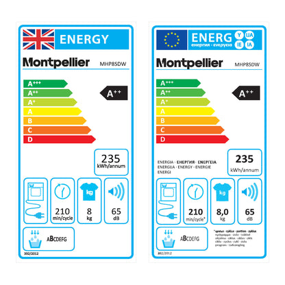 Montpellier MHP8SDW 8Kg Heat Pump Sensor Dry Tumble Dryer in White