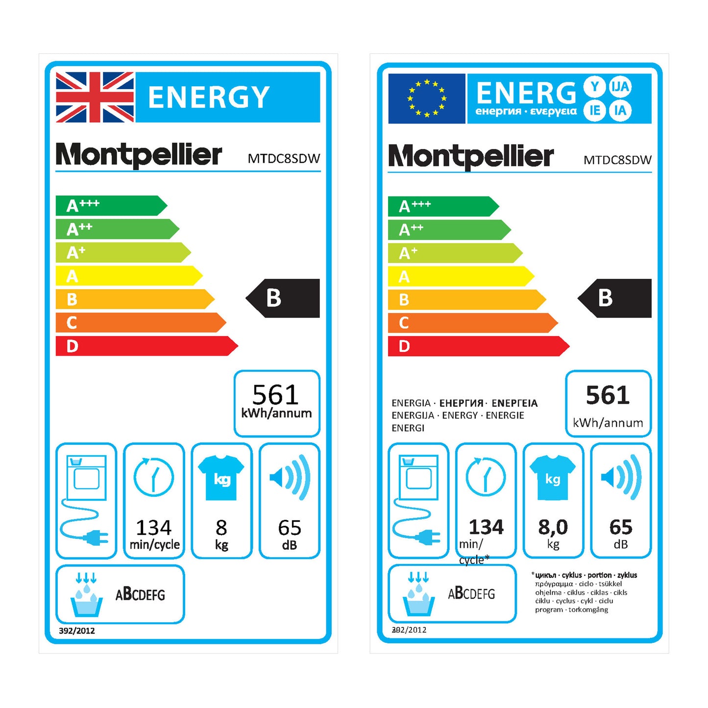 Montpellier MTDC8SDW 8Kg Condenser Sensor Dry Tumble Dryer in White