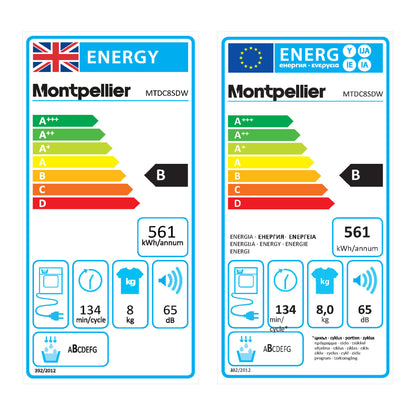 Montpellier MTDC8SDW 8Kg Condenser Sensor Dry Tumble Dryer in White